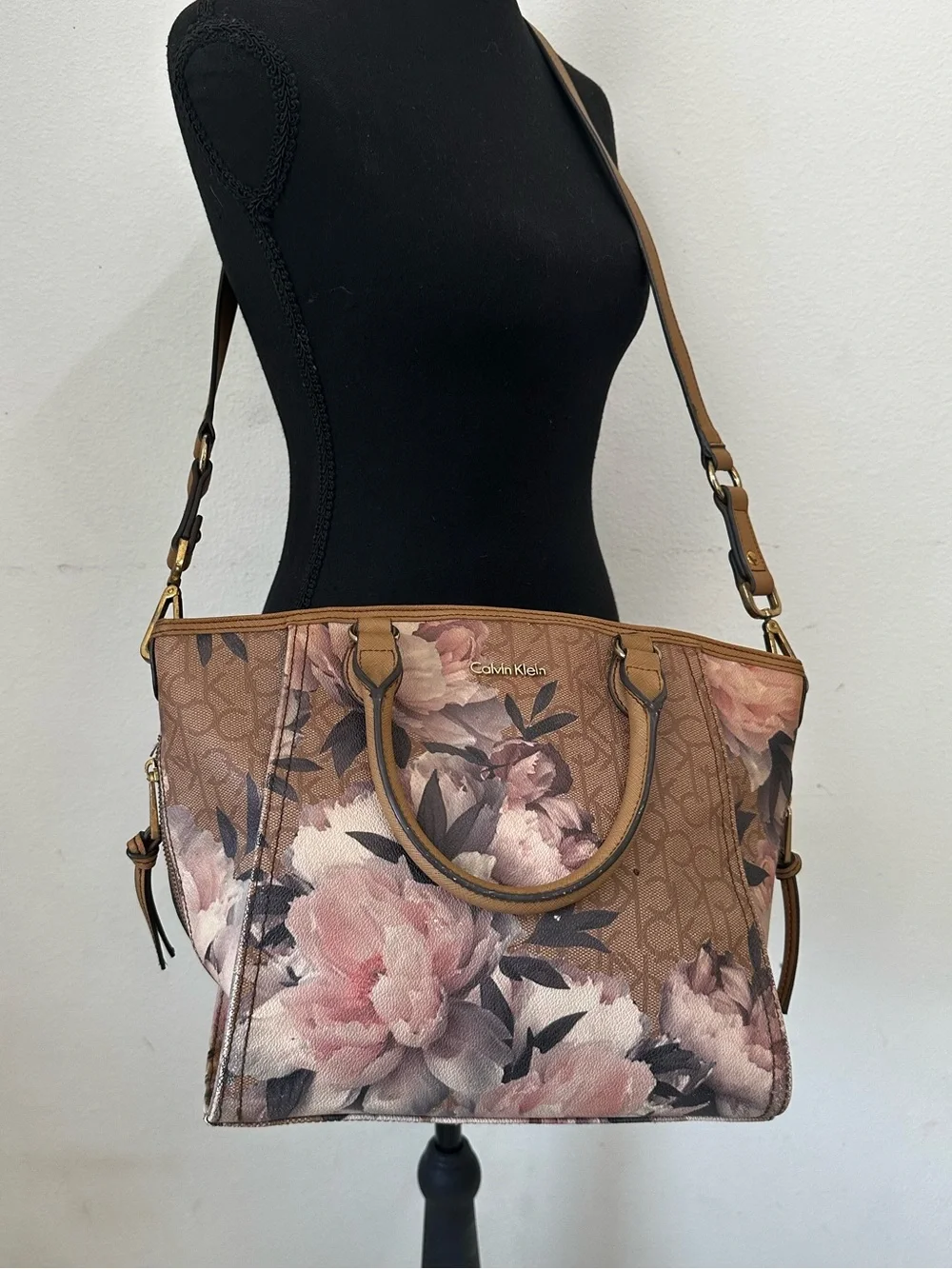 Calvin Klein Floral Monogram Satchel Bag in Brown